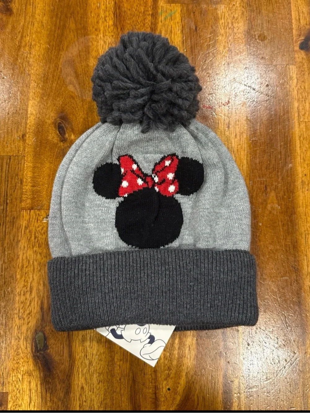 GAP Kids Gray Knit Pom Beanie with Black Minnie and Red Bow